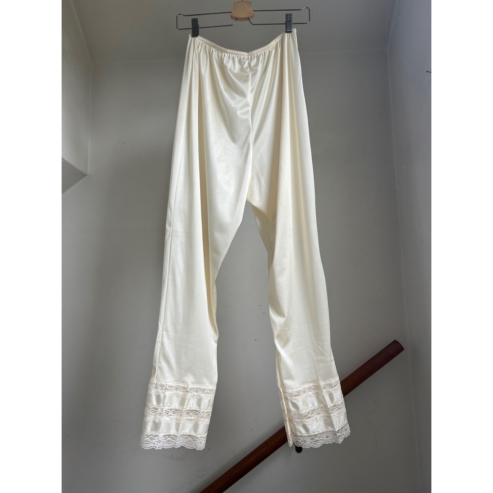 Cream Lace Trim Slip Pants Large Pajama Lingerie Loungewear Satin Stretch Waist
